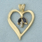 Sapphire And Diamond Heart Pendant In 10k Yellow Gold