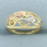 Tri-color Flower Design Cut Out Ring In 10k Yellow, Rose, And White Gold