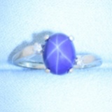 Star Sapphire And Diamond Ring In 14k White Gold