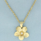 Hawaiian Plumeria Flower Diamond Necklace In 14k Yellow Gold