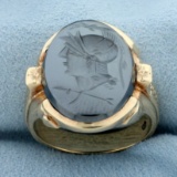Mens Roman Soldier Hematite Cameo Ring In 10k Yellow Gold