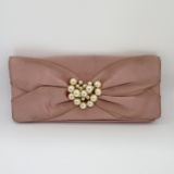 Oscar De La Renta Vintage Pink Satin Silk Pearl Clutch Evening Bag