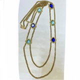 Vintage Ysl Yves Saint Laurent Long Colored Blue Glass Double Strand Necklace