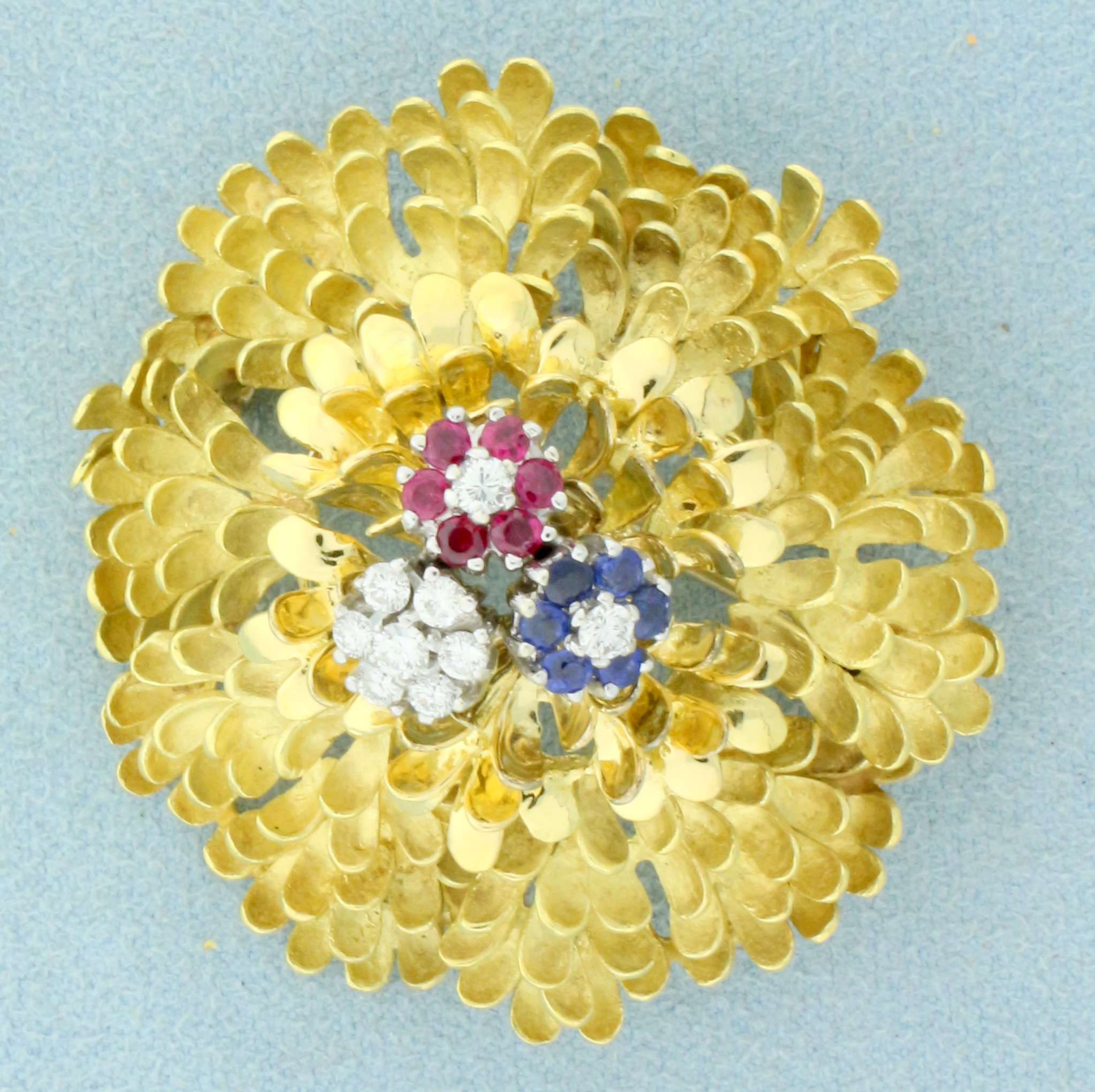 Floral Pearl, Ruby & Sapphire Brooch Pin 18K Yellow Gold Italy