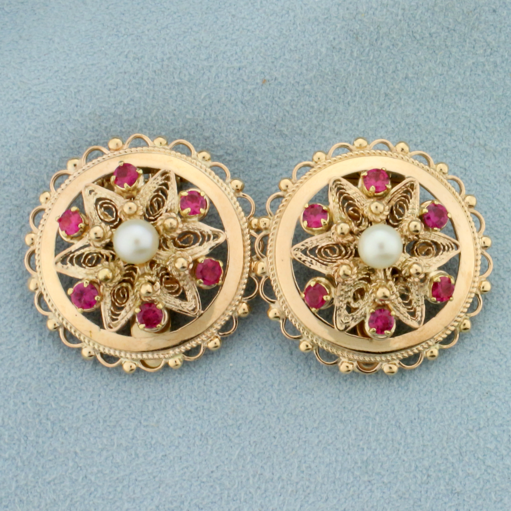 Vintage Ruby And Pearl Disc Clip On Earrings For