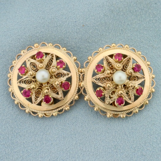 Vintage Ruby And Pearl Disc Clip On Earrings For In 14k Yellow Gold