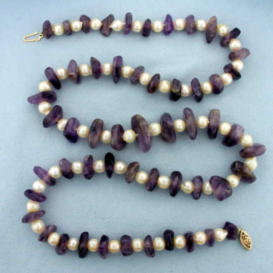 24 Inch Pearl And Amethyst Bead Necklace With 10k Yellow Gold Clasp