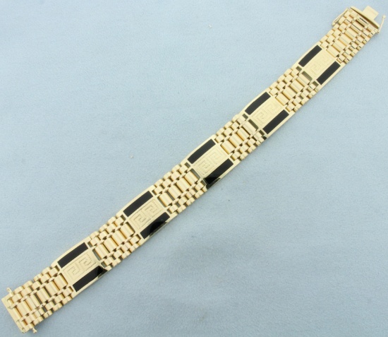 Mens Onyx Inlay Greek Key Bracelet In 14k Yellow Gold