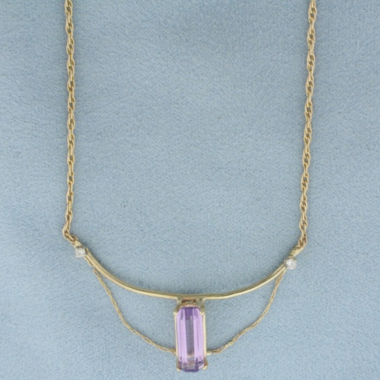 Amethyst And Diamond Drop Necklace In 14k Yellow Gold