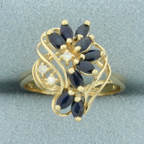 Sapphire And Diamond Swirl Spray Design Ring In 14k Yellow Gold