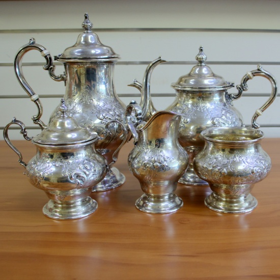 Gorham Victorian Sterling Silver 5-piece Tea Coffee Set With Chased Flower Design