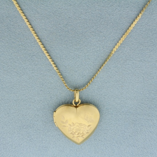 Butterfly And Rose Etched Heart Locket Necklace In 14k Yellow Gold