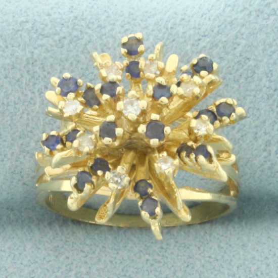 Sapphire And Diamond Flower Design Ring In 14k Yellow Gold