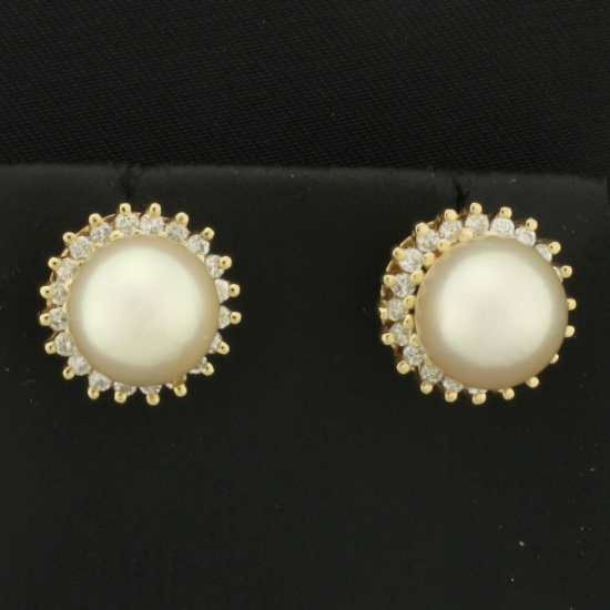 Akoya Pearl And Diamond Halo Button Earrings In 14k Yellow Gold