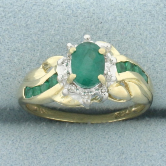 Emerald And Diamond Flower Ring In 10k Yellow Gold