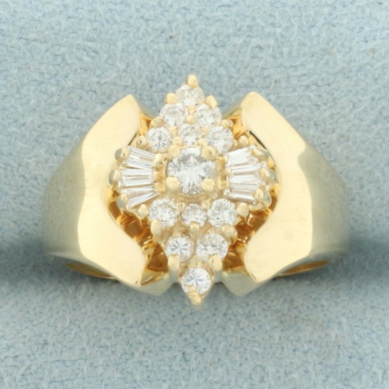 Round And Baguette Diamond Cocktail Ring In 14k Yellow Gold