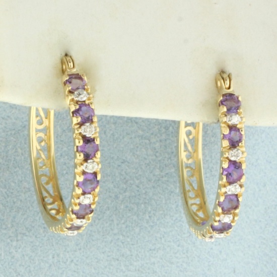 Amethyst And Diamond Hoop Earrings In 14k Yellow Gold