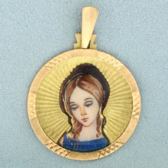 Hand Painted Virgin Mary Pendant In 18k Rose Gold