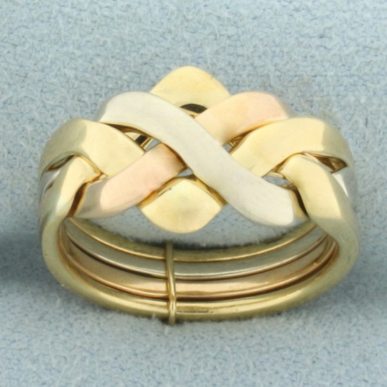 Italian Tri-color Puzzle Ring In 18k Yellow, White, And Rose Gold