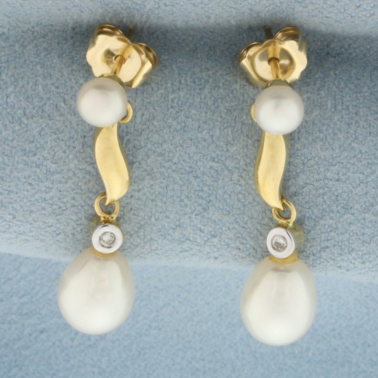 Mikura Pearl And Diamond Drop Earrings In 18k Yellow Gold
