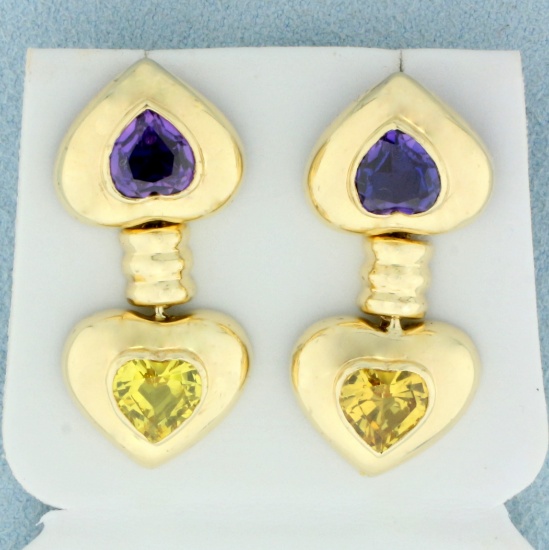 5ct Tw Purple And Yellow Sapphire Dangle Heart Earrings In 14k Yellow Gold