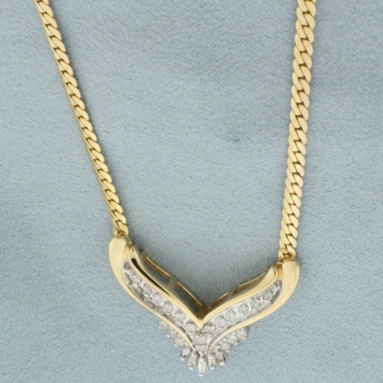 Italian Round And Baguette Diamond Necklace In 14k Yellow Gold