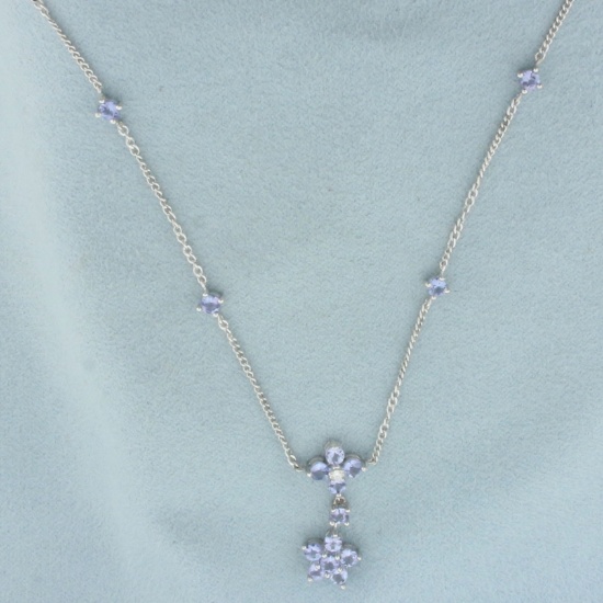 Tanzanite And Diamond Flower Design Necklace In 14k White Gold