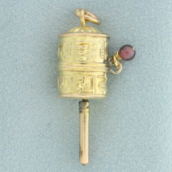 Mechanical Tibetan Buddhist Prayer Wheel Pendant Or Charm In 14k Yellow Gold