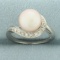 Pink Cultured Button Pearl And Diamond Ring In 10k White Gold