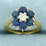 Vintage Sapphire And Diamond Flower Design Ring In 18k Yellow Gold