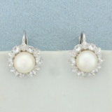 Cultured Pearl And Cz Earrings In 14k White Gold