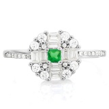 Lab Emerald & White Sapphire Target Halo Ring In Platinum Over Sterling Silver