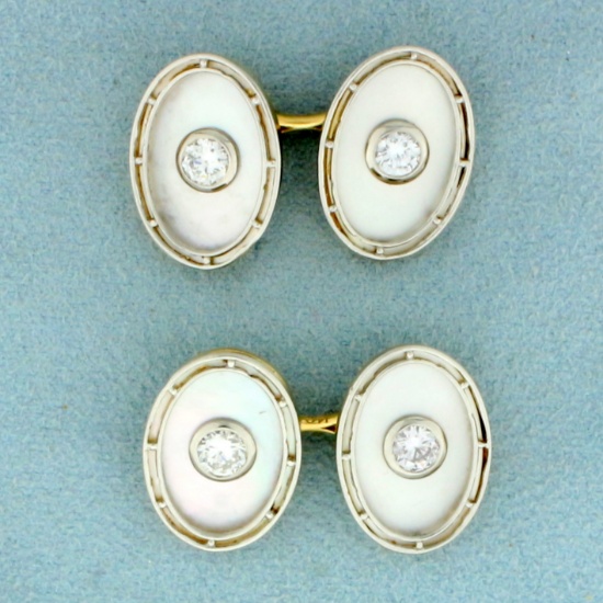 1ct Tw Diamond And Mother Of Pearl French Cufflinks In 14k Yellow And White Gold