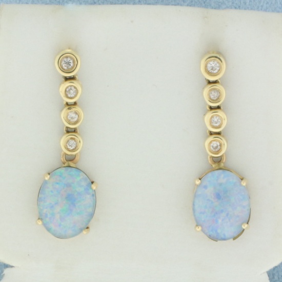 Australian Black Opal And Diamond Dangle Earrings In 14 Yellow Gold