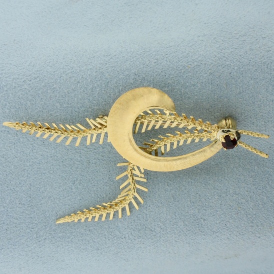 Vintage Italian Ruby Wheat Design Pin Brooch 18k Yellow Gold