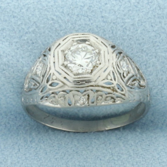 Antique Filigree Old European Cut Diamond Ring In Platinum