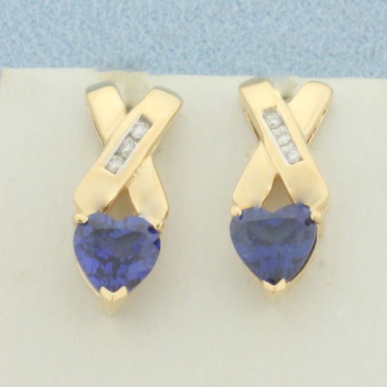 Heart Sapphire And Diamond Earrings In 14k Yellow Gold