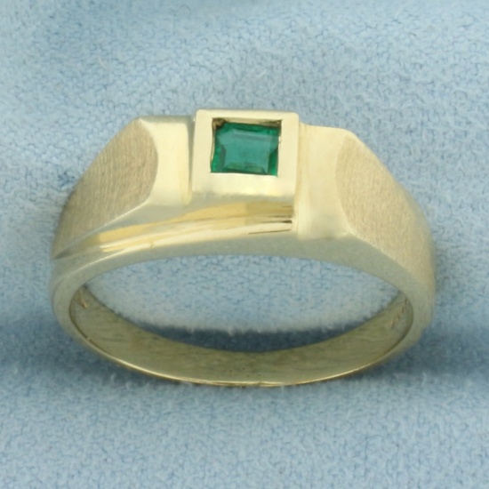 Bezel Set Emerald Mens Ring In 14k Yellow Gold