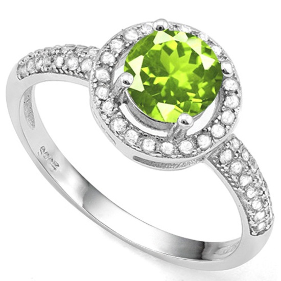 Peridot And White Sapphire Halo Ring In Sterling Silver