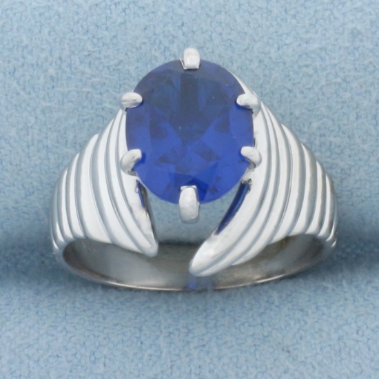 3ct Lab Sapphire Scalloped Design Ring In 14k White Gold