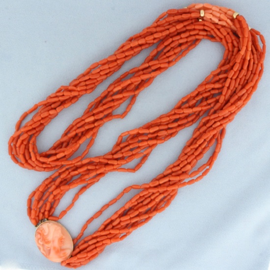 Vintage Red Coral Multi-strand Cameo Necklace In 14k Yellow Gold