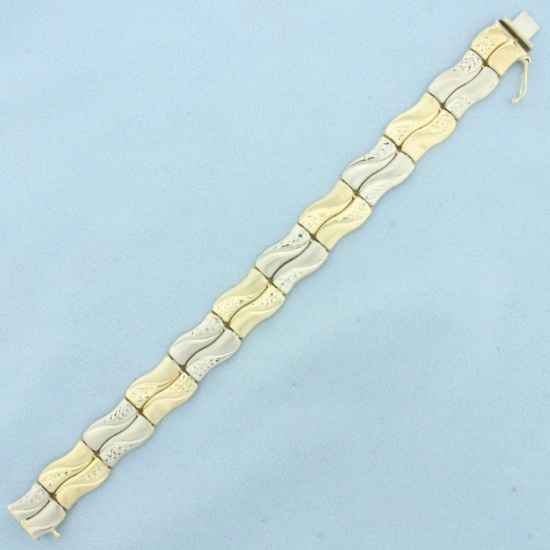 Diamond Cut Wave Design Bar Bracelet In 14k Yellow And White Gold