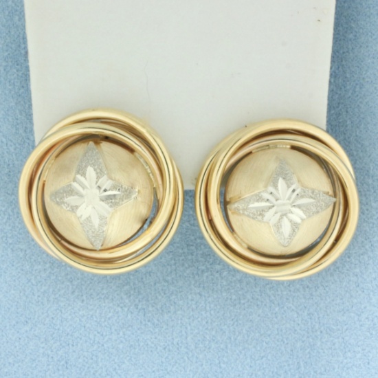 Diamond Cut Star Button Earrings In 14k Yellow And White Gold