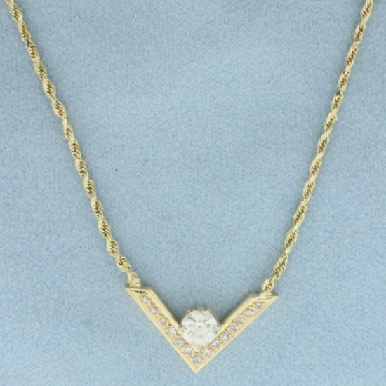 Vintage Old European Cut Diamond V Rope Necklace In 14k Yellow Gold