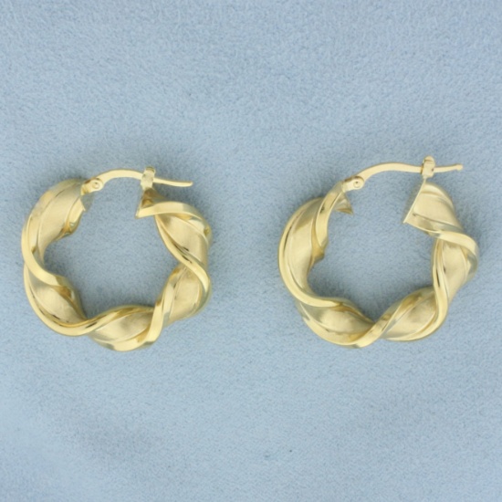 Italian Satin And High Polish Twisting Hoop Earrings In 18k Yellow Gold