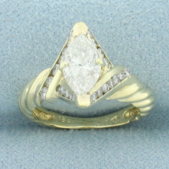 Marquise Diamond Rope Design Engagement Ring In 14k Yellow Gold