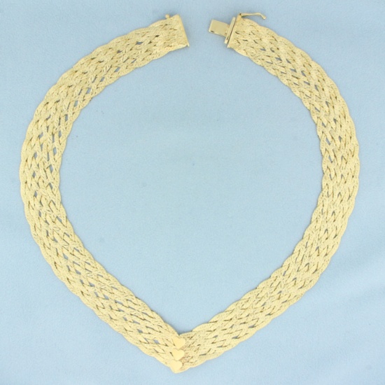 Italian Woven V-neck Heart Necklace In 14k Yellow Gold