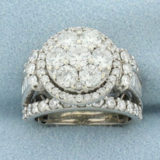 Over 3ct Round And Baguette Diamond Halo Target Ring In 14k White Gold