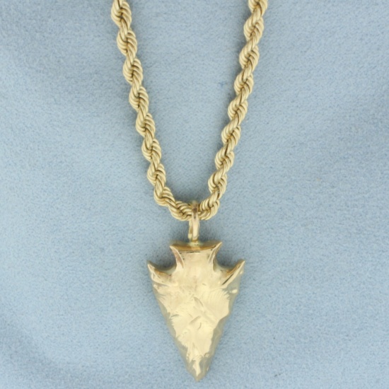Large Arrowhead Pendant On Rope Chain Necklace In 14k Yellow Gold