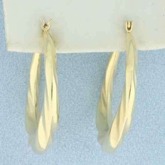 Satin And High Polish Twist Design Hoop Earrings In 14k Yellow Gold